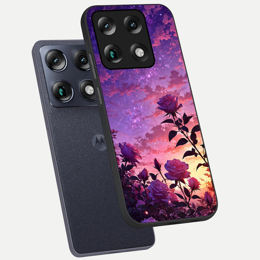  Starlit Rose Twilight phone case For Moto Signature showing premium glass back cover with detailed artwork