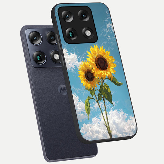  Sunlit Daisy Glow phone case For Moto Signature showing premium glass back cover with detailed artwork