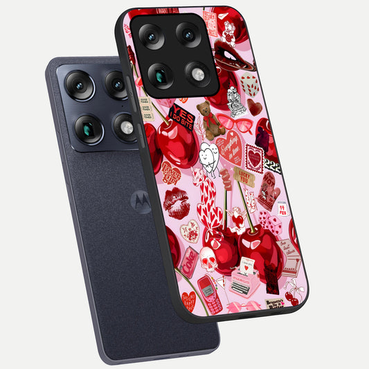  Sweet Cherry Chaos phone case For Moto Signature showing premium glass back cover with detailed artwork