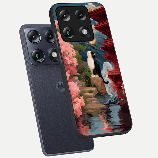  Temple Cat Scenery phone case For Moto Signature showing premium glass back cover with detailed artwork