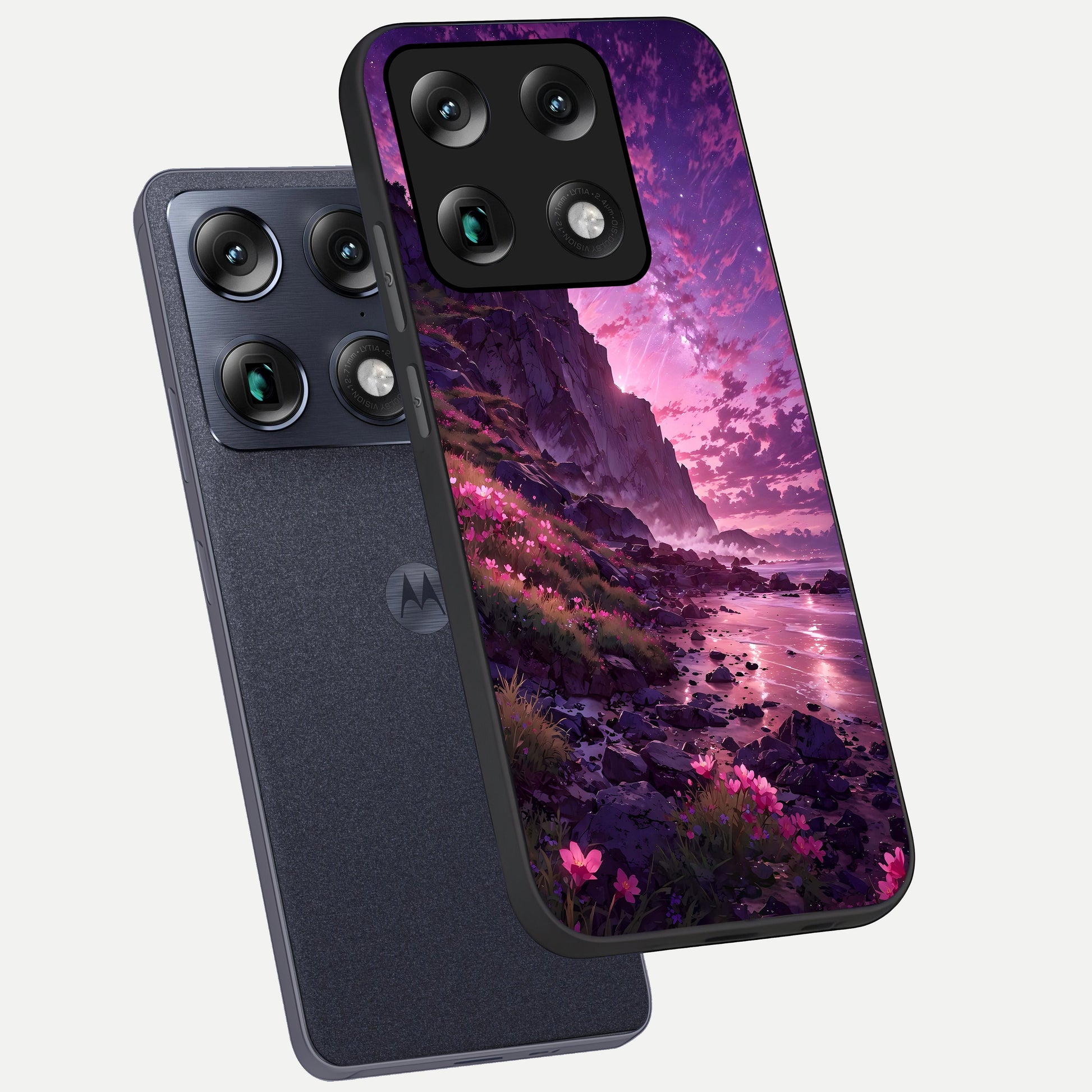  Twilight Blossom Coast phone case For Moto Signature showing premium glass back cover with detailed artwork