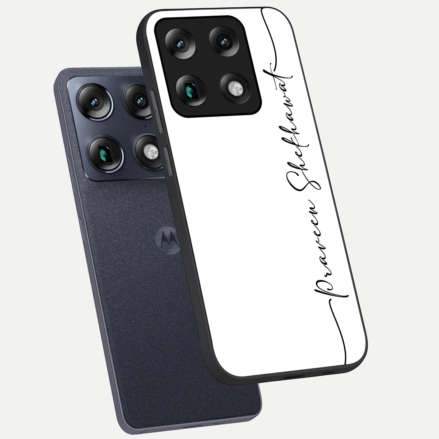  White Tune Custom Name phone case For Moto Signature showing premium custom name glass back cover