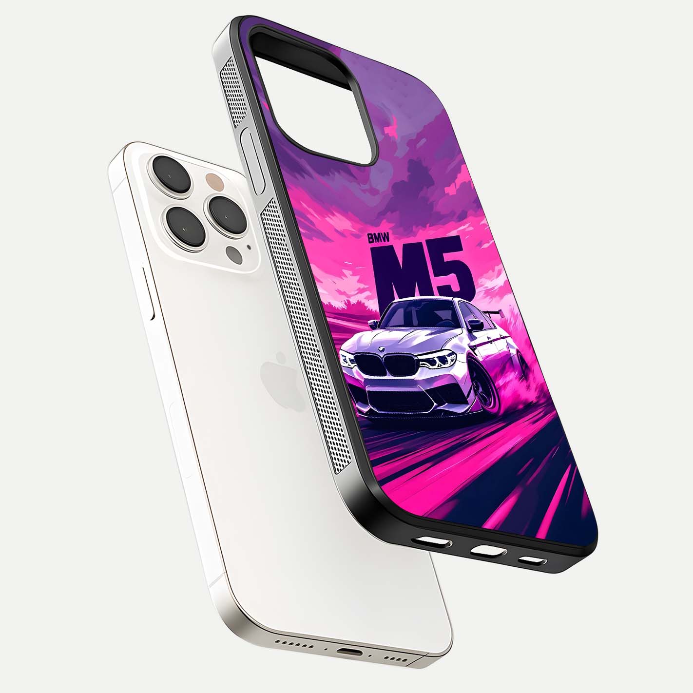 MS Neon Car Glass Case for iPhone 15 Pro Max floating dual-view mockup showing HD gloss and electric color tones