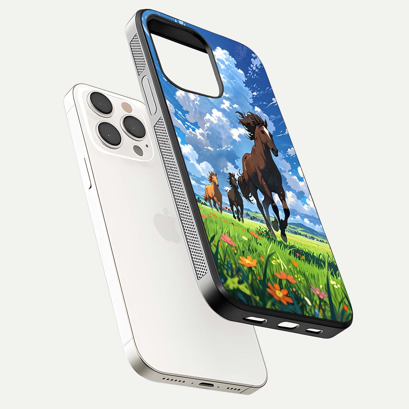 Majestic Horses Galloping Glass Case for iPhone 15 Pro Max floating dual-view mockup showing gloss texture and vivid tones