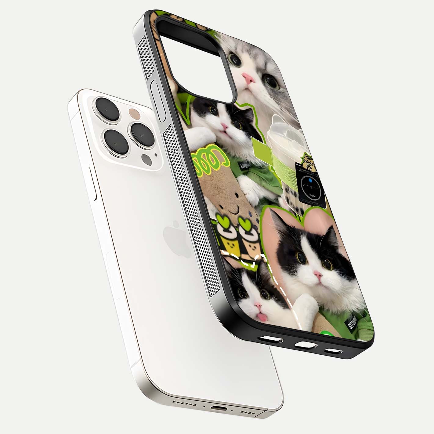 Matcha Cats Mood Glass Case for iPhone 15 Pro Max floating dual-view mockup showing HD gloss surface and soft tones