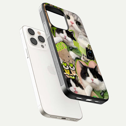 Matcha Cats Mood Glass Case for iPhone 15 Pro Max floating dual-view mockup showing HD gloss surface and soft tones