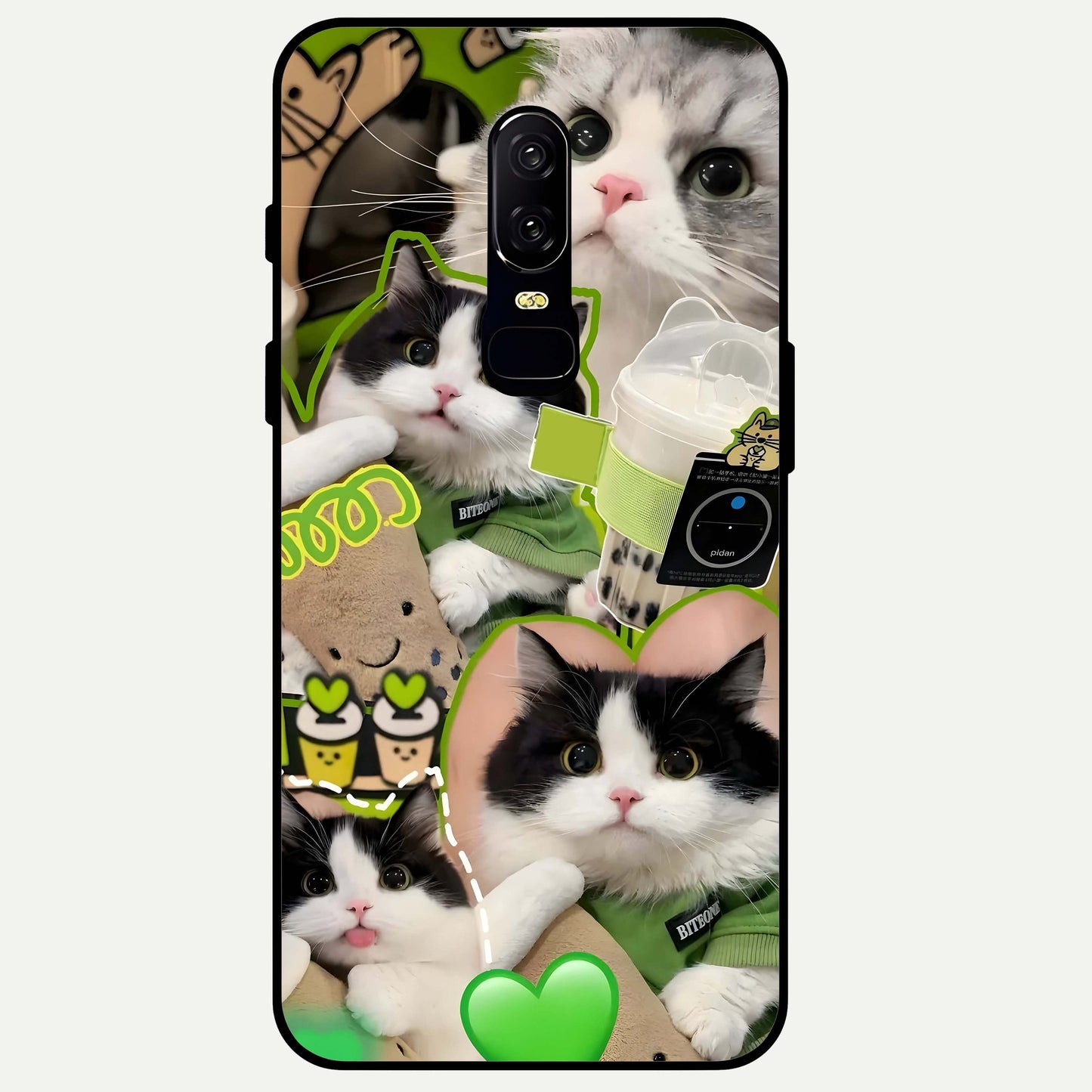 Matcha Cats Mood Glass Case captured at a warm angle highlighting soft green hues, gloss, and edge clarity.