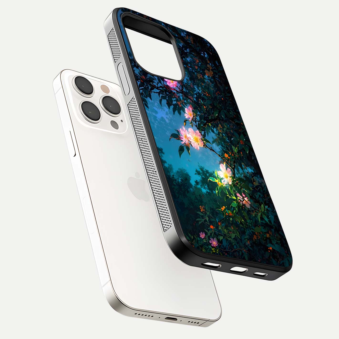 Midnight Bloom Glow Glass Case for iPhone 15 Pro Max floating dual-view mockup showing HD gloss and floral contrast