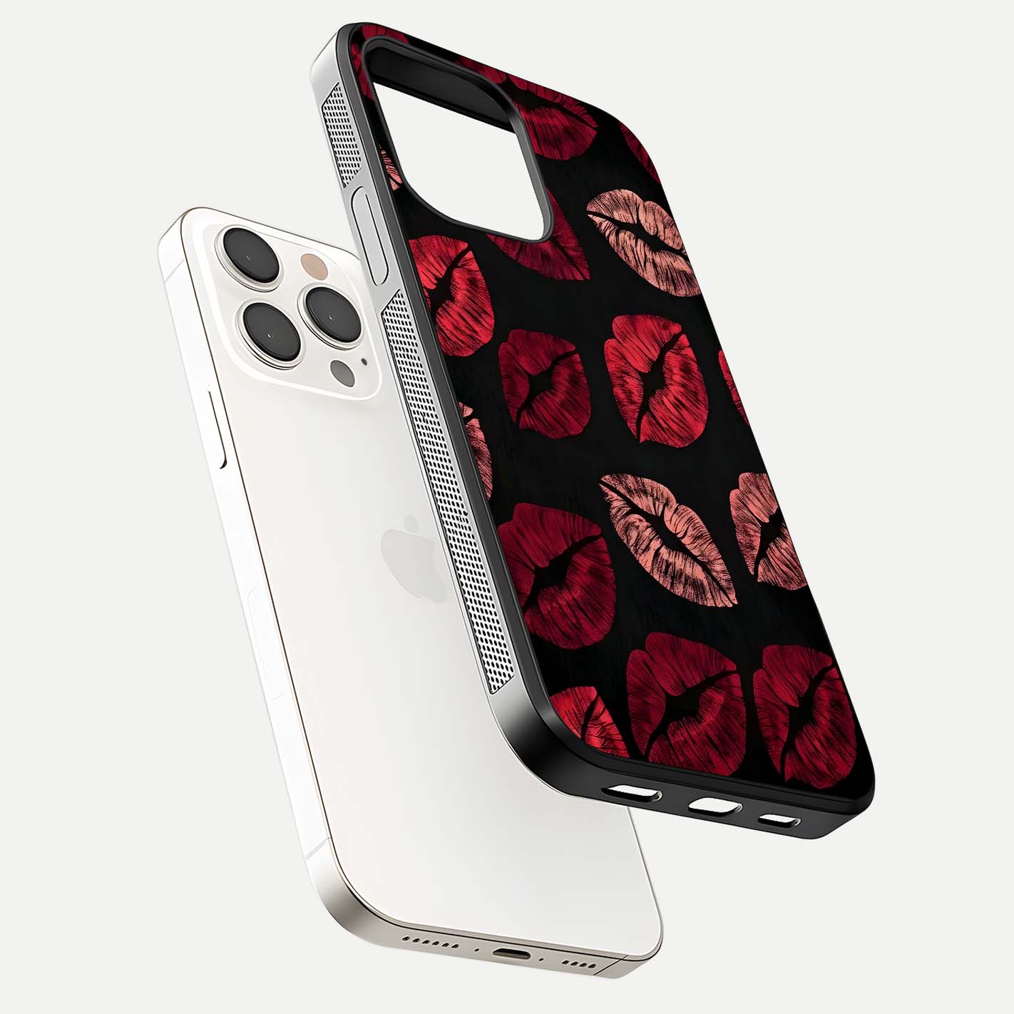 Midnight Kiss Love Glass Case for iPhone 15 Pro Max floating dual-view mockup showing HD gloss and elegant edge design