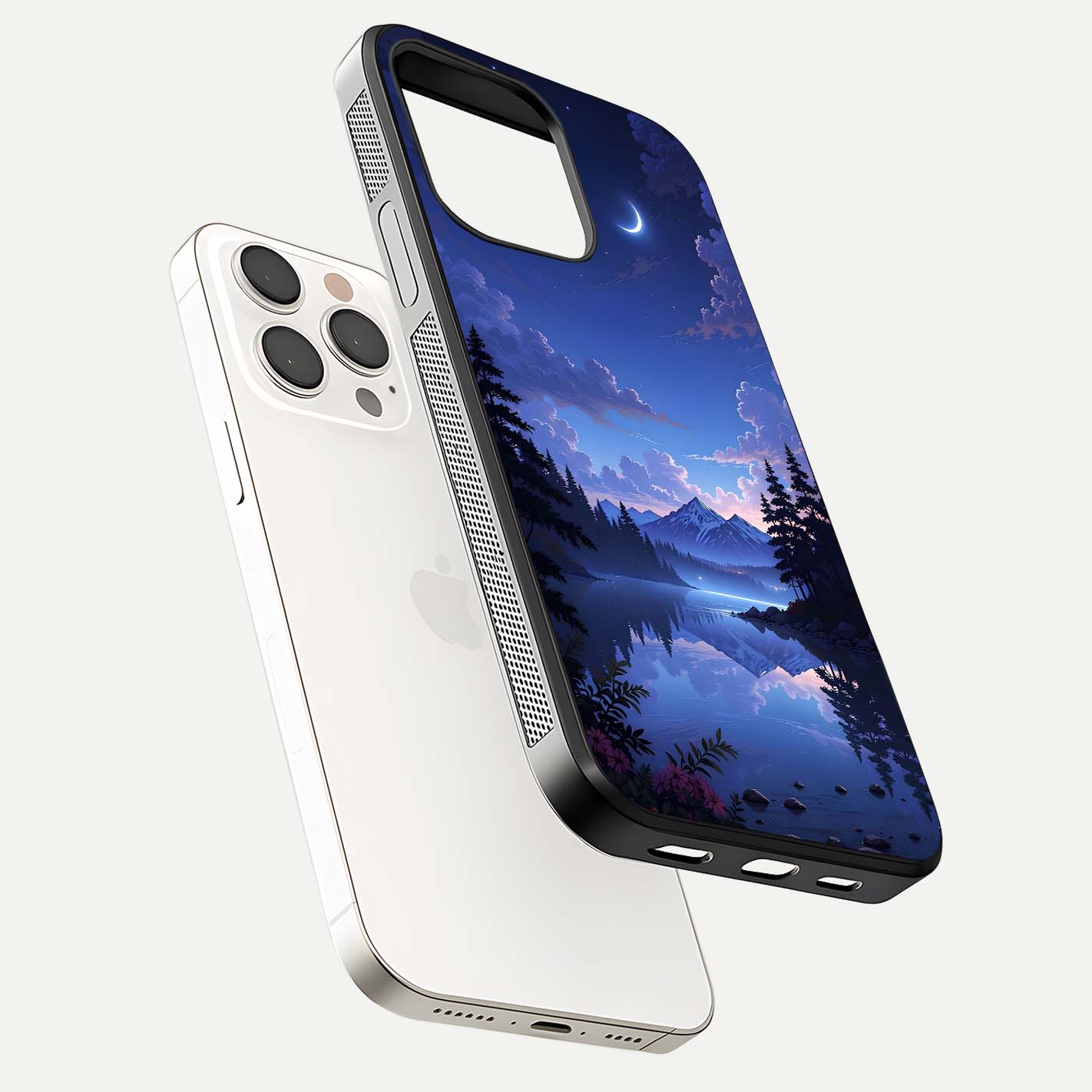 Midnight Lake Peace Glass Case for iPhone 15 Pro Max floating dual-view mockup showing gloss finish and peaceful art