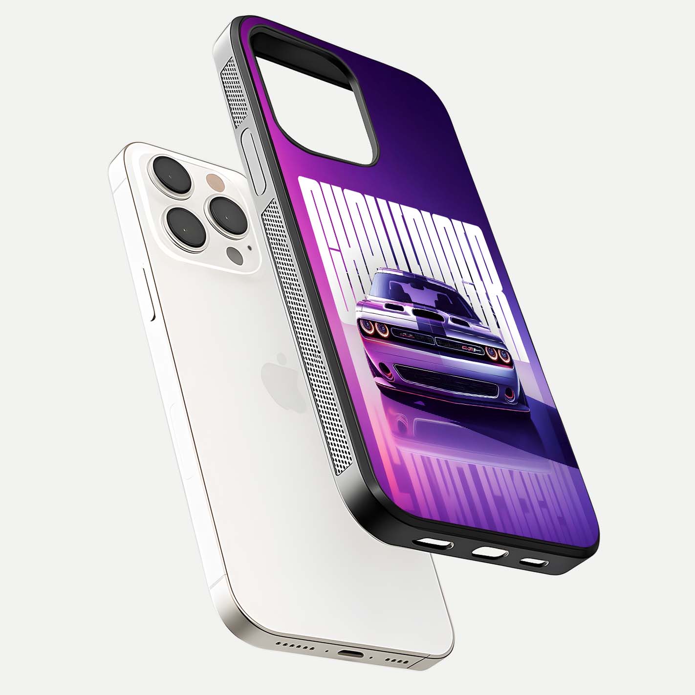 Midnight Muscle Ride Glass Case for iPhone 15 Pro Max floating dual-view mockup showing glossy finish and shine depth