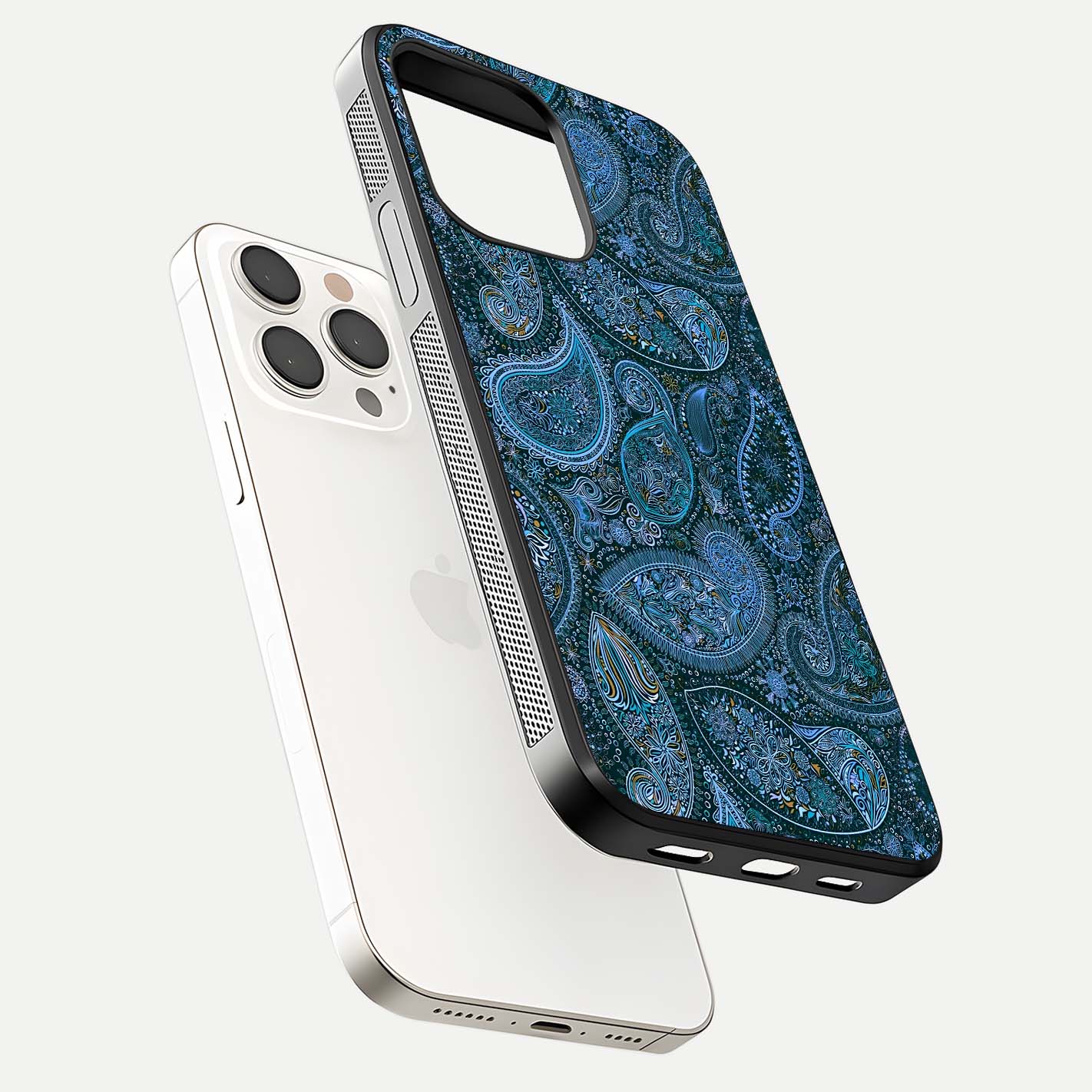 Midnight Paisley Glow Glass Case for iPhone 15 Pro Max floating dual-view mockup showing HD gloss and rich pattern