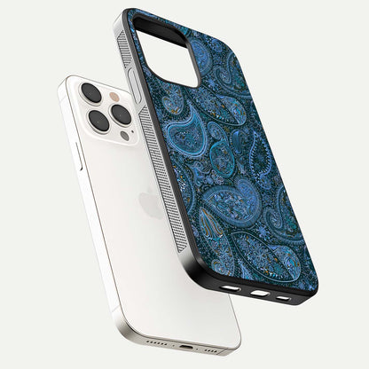 Midnight Paisley Glow Glass Case for iPhone 15 Pro Max floating dual-view mockup showing HD gloss and rich pattern