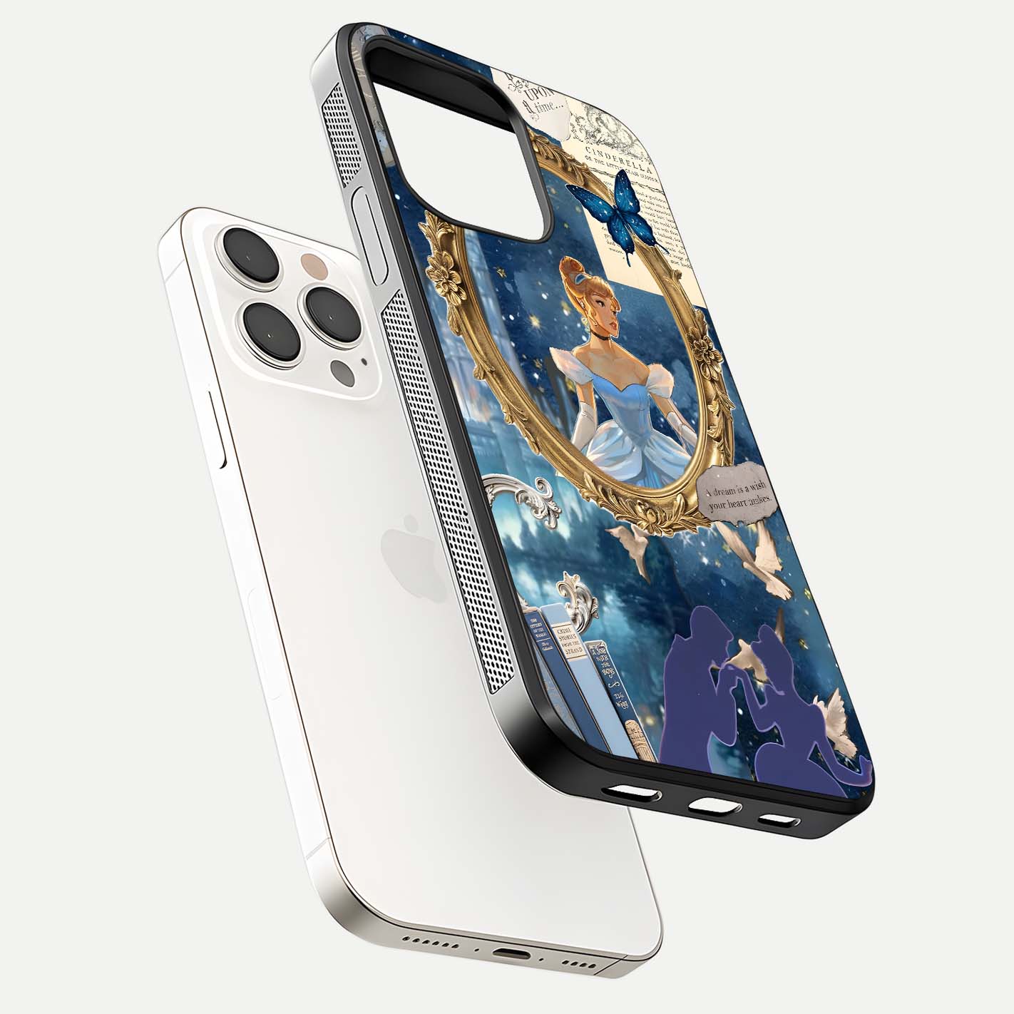 Midnight Queen Glass Case for iPhone 15 Pro Max floating dual-view mockup showing HD glass shine and luxury art