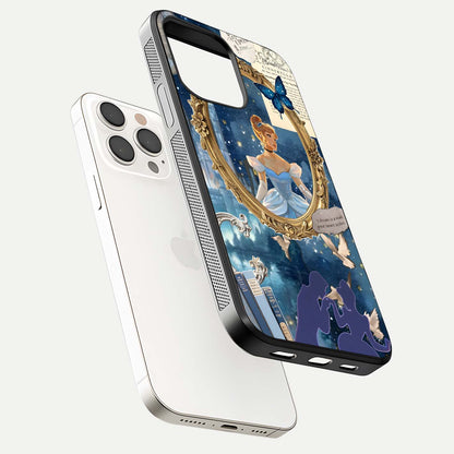 Midnight Queen Glass Case for iPhone 15 Pro Max floating dual-view mockup showing HD glass shine and luxury art