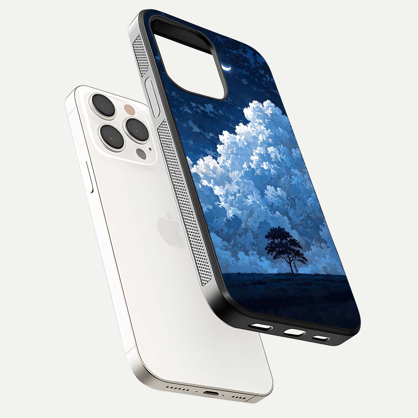Midnight Sky Serenity Glass Case for iPhone 15 Pro Max floating dual-view mockup showing HD gloss and night shine