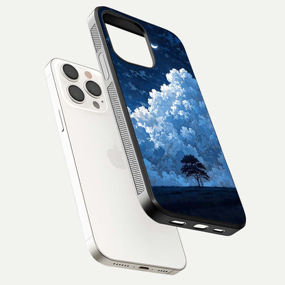 Midnight Sky Serenity Glass Case for iPhone 15 Pro Max floating dual-view mockup showing HD gloss and night shine