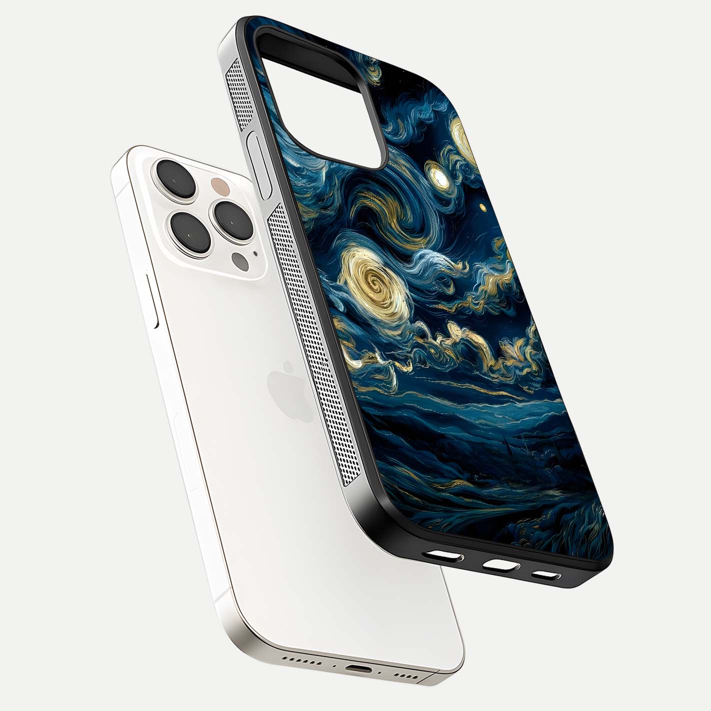 Midnight Sky Whirl Glass Case for iPhone 15 Pro Max floating dual-view mockup showing gloss texture and shine