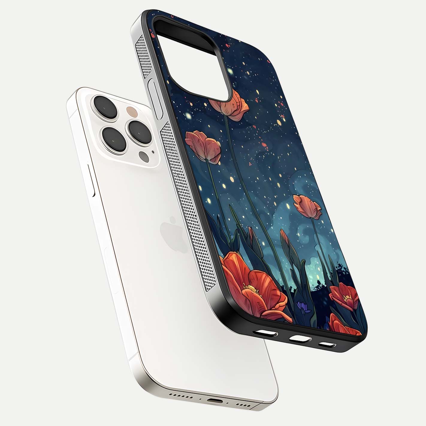 Midnight Tulip Glow Glass Case for iPhone 15 Pro Max floating dual-view mockup showing HD gloss and tulip tone