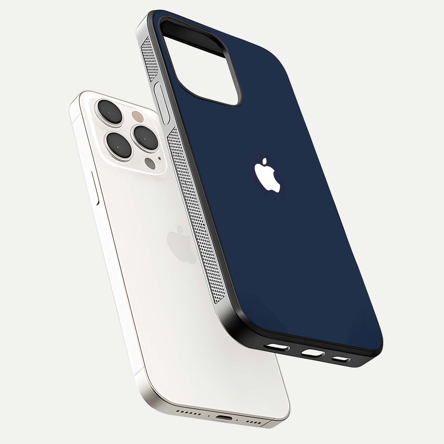 Minimal Apple Night Glass Case for iPhone 15 Pro Max floating dual-view mockup showing HD shine and minimal style
