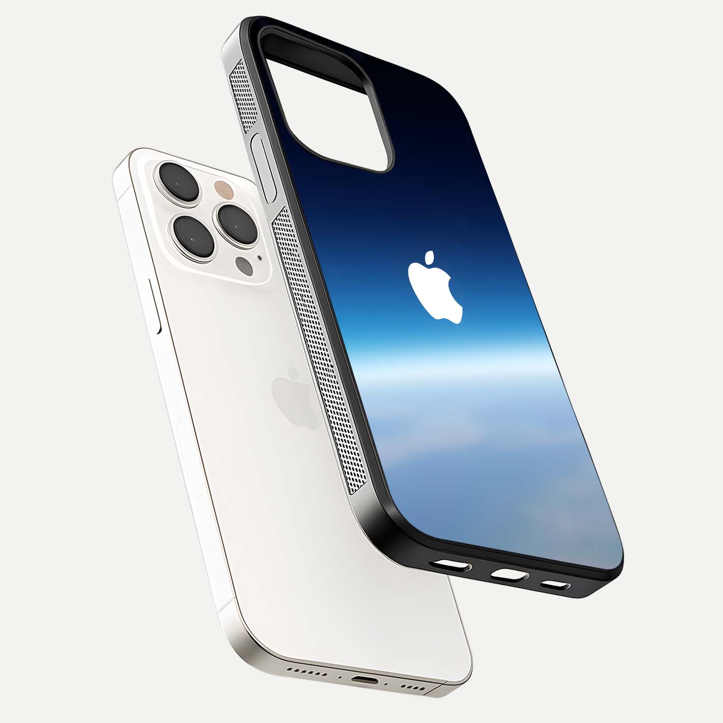 Minimal Apple Sky Glass Case for iPhone 15 Pro Max floating dual-view mockup showing HD gloss and Apple design