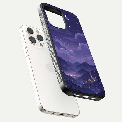 Minimal Night View Glass Case for iPhone 15 Pro Max floating dual-view mockup showing HD gloss and clean lines