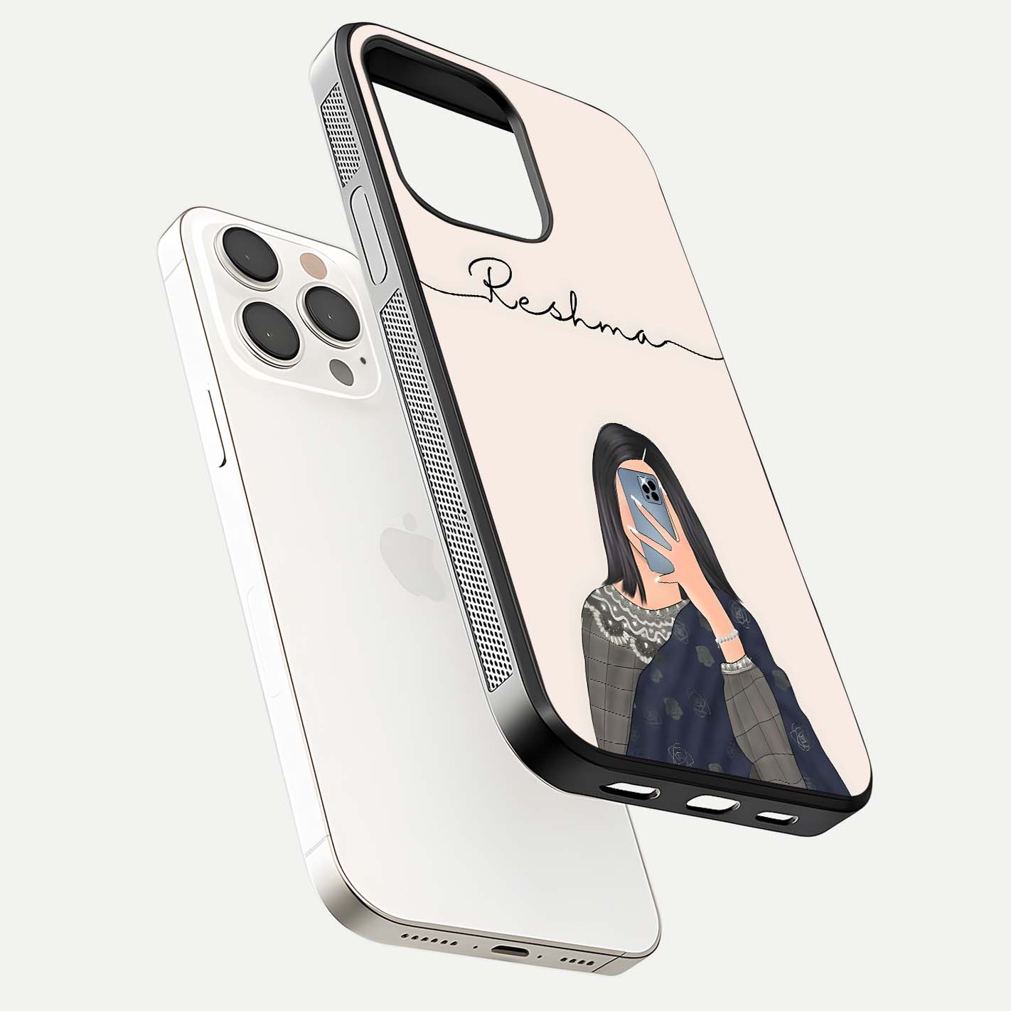 Mirror Mood Muse Custom Name Glass Case for iPhone 15 Pro Max floating dual-view mockup showing reflection and luxury style