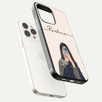 Mirror Mood Muse Custom Name Glass Case for iPhone 15 Pro Max floating dual-view mockup showing reflection and luxury style