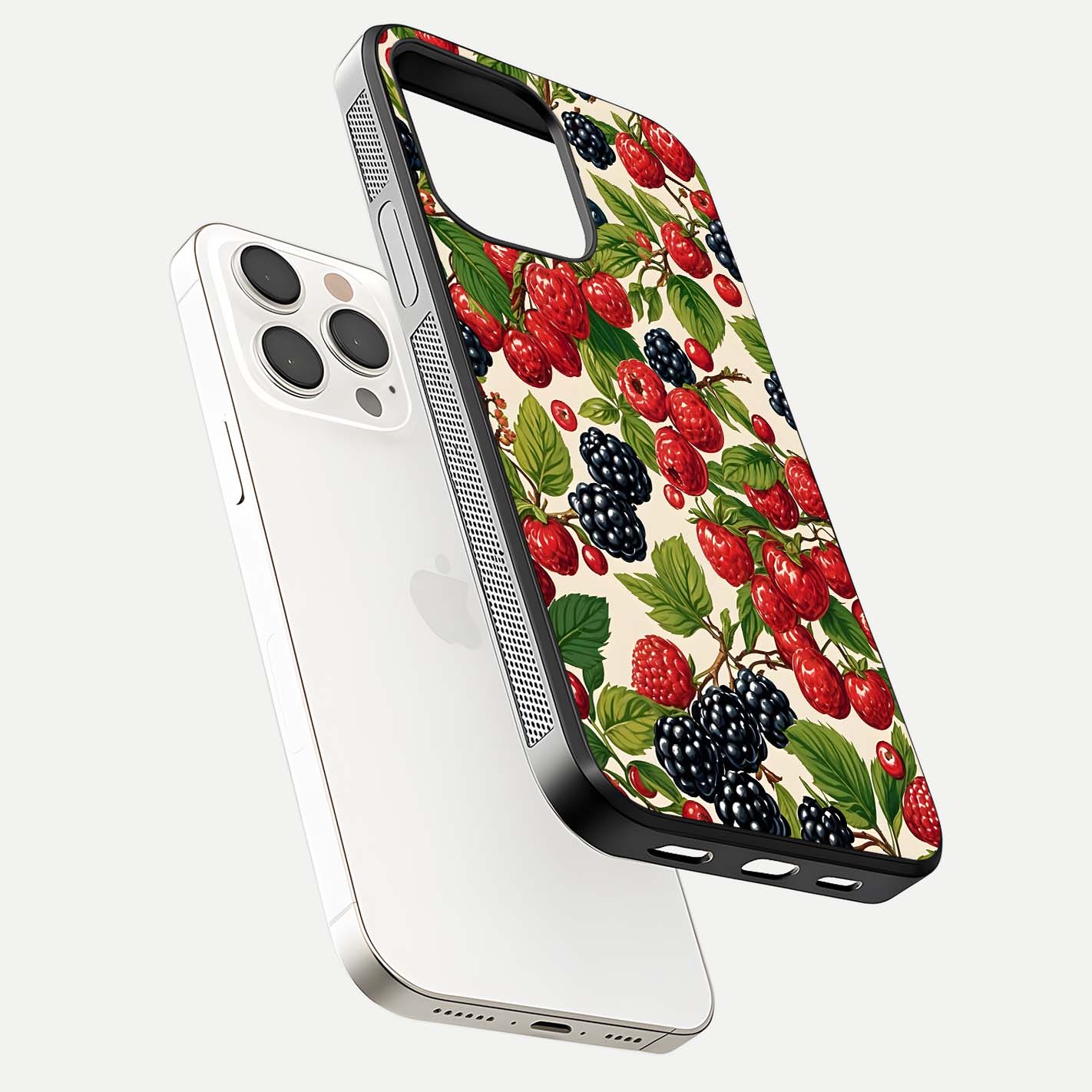 Mixed Berry Collage Glass Case for iPhone 15 Pro Max floating dual-view mockup showing gloss depth and vibrant design