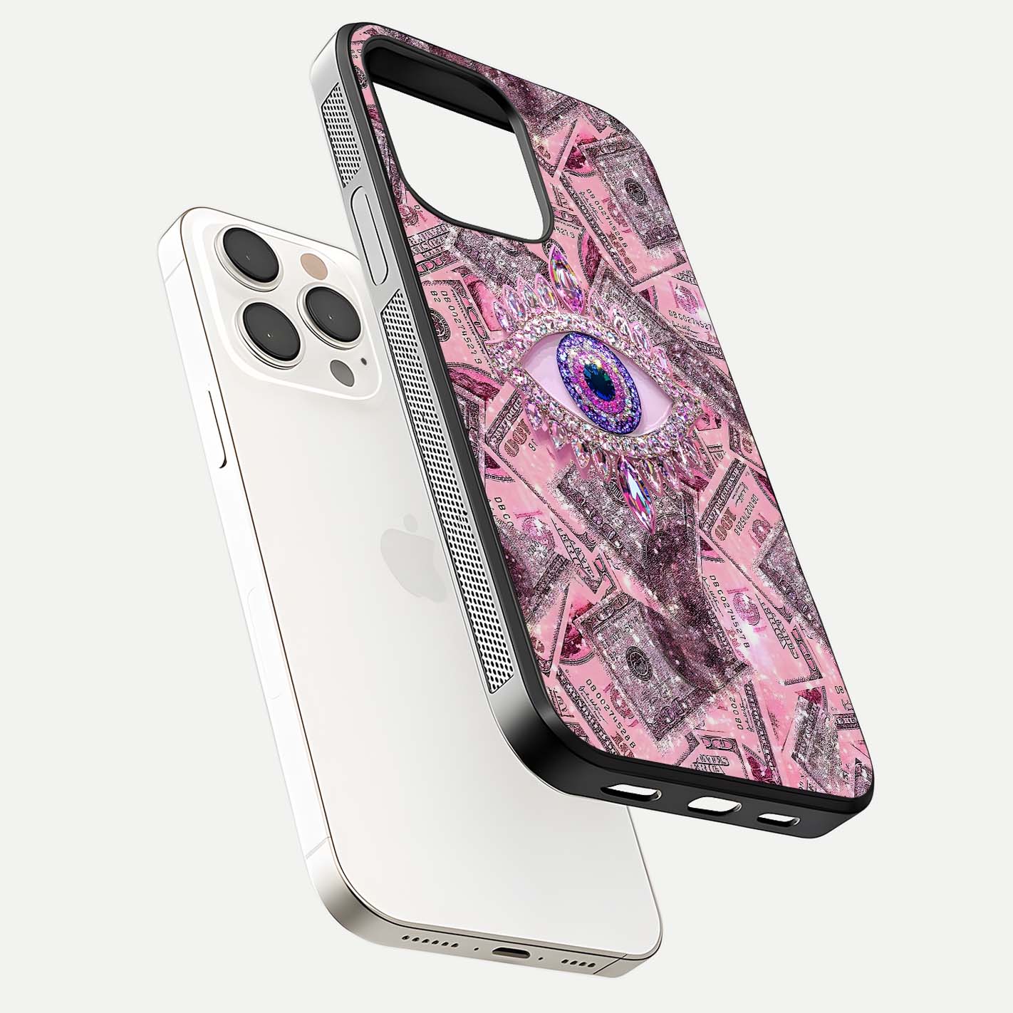 Money Eye Luxe Glass Case for iPhone 15 Pro Max floating dual-view mockup showing gloss surface and premium look