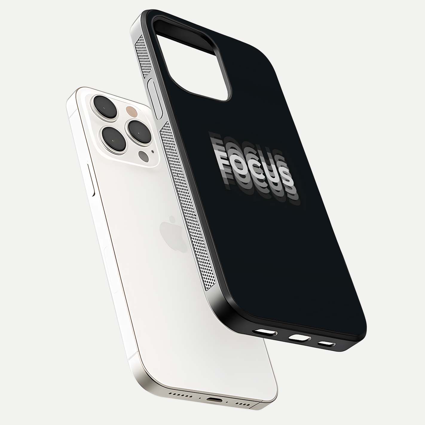 Mono Focus Vision Glass Case for iPhone 15 Pro Max floating dual-view mockup showing HD gloss and elegant simplicity