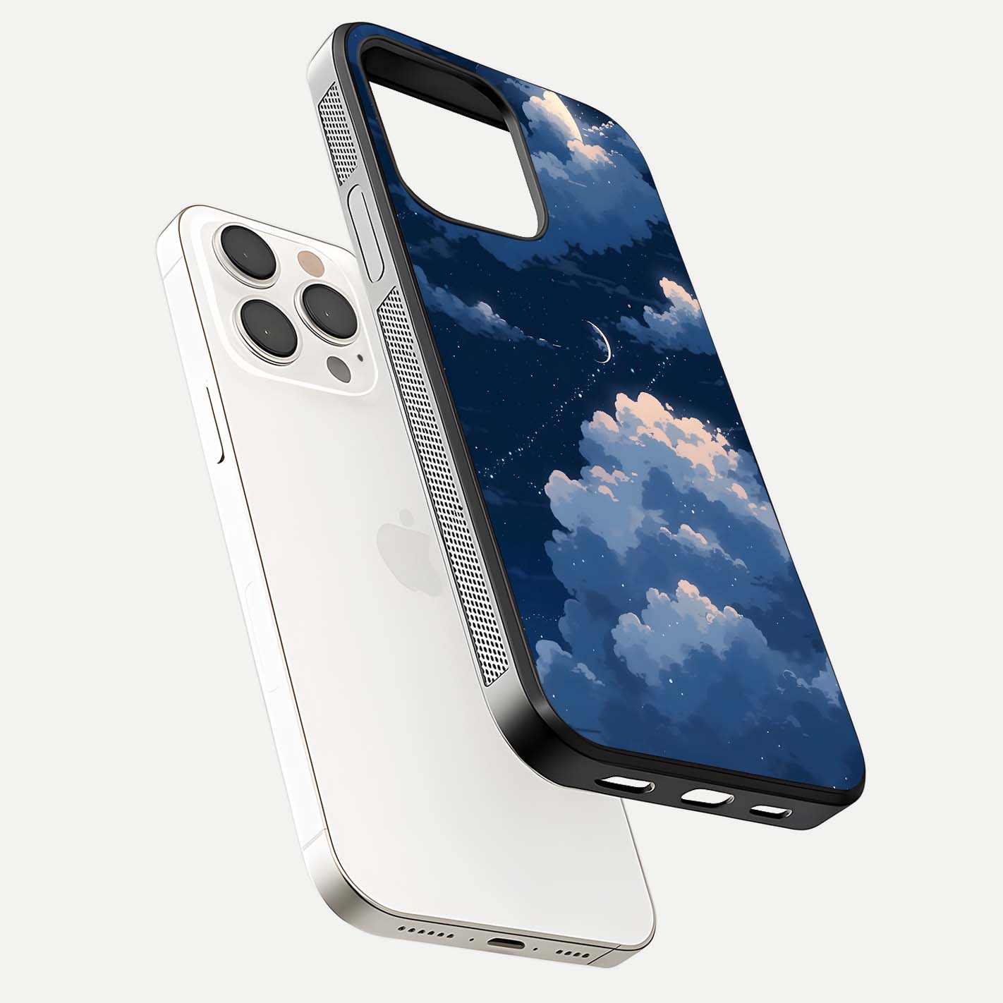 Moon Dream Haze Glass Case for iPhone 15 Pro Max floating dual-view mockup showing gloss texture and calm tones
