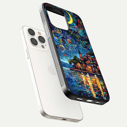 Moonlight Harbor Glow Glass Case for iPhone 15 Pro Max floating dual-view mockup showing gloss brightness and glow