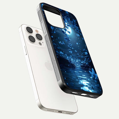 Moonlight Petal Dream Glass Case for iPhone 15 Pro Max floating dual-view mockup showing HD gloss and dreamy art