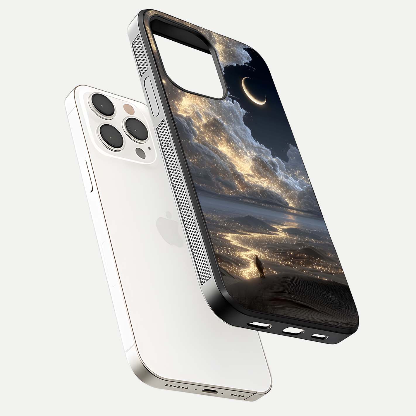 Moonlight Spark Path Glass Case for iPhone 15 Pro Max floating dual-view mockup showing gloss finish and shine depth
