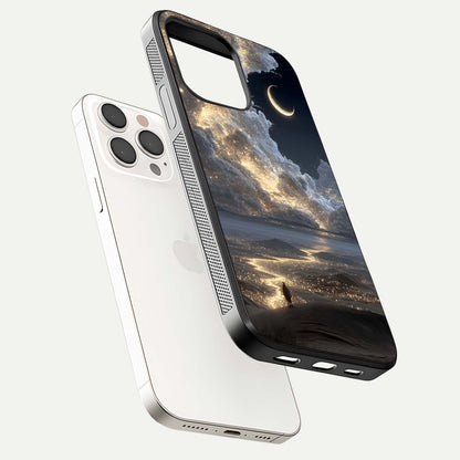 Moonlight Spark Path Glass Case for iPhone 15 Pro Max floating dual-view mockup showing gloss finish and shine depth