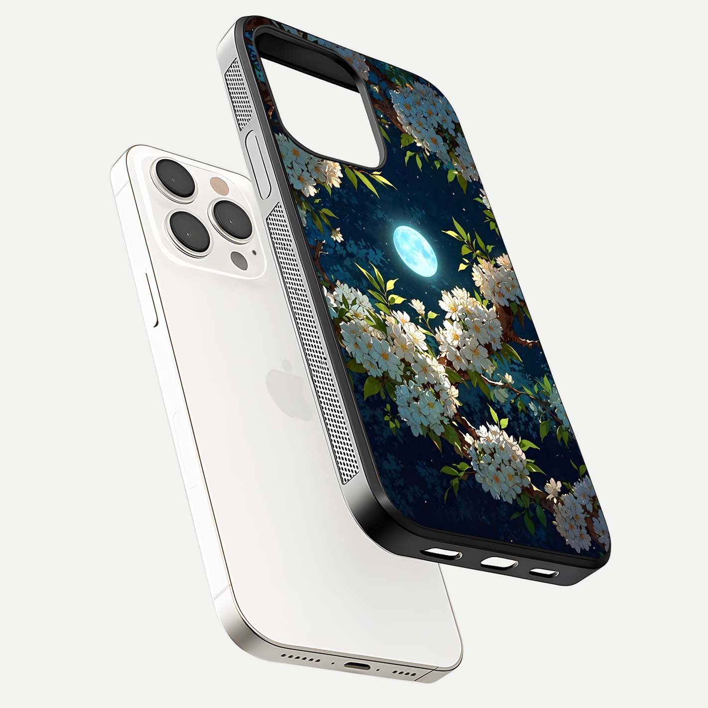 Moonlit Blossom Dream Glass Case for iPhone 15 Pro Max floating dual-view mockup showing gloss texture and floral tone