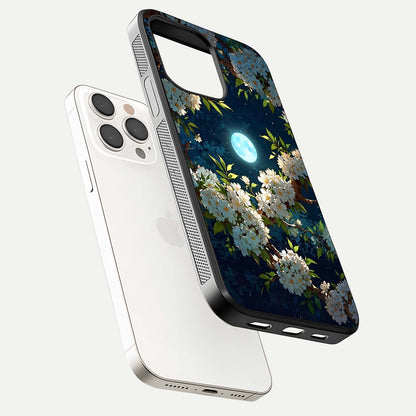 Moonlit Blossom Dream Glass Case for iPhone 15 Pro Max floating dual-view mockup showing gloss texture and floral tone