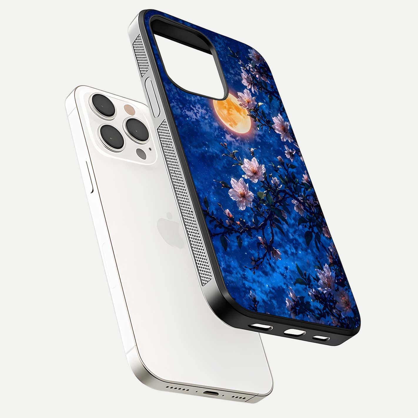 Moonlit Blossoms Night Glass Case for iPhone 15 Pro Max floating dual-view mockup showing HD gloss and floral contrast