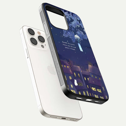 Moonlit Cat Silence Glass Case for iPhone 15 Pro Max floating dual-view mockup showing gloss reflection and moon art