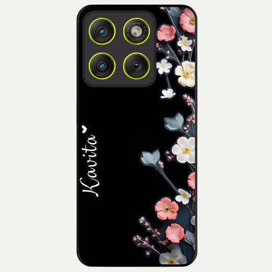  Black Elegance Floral Custom Name Glass Case For Moto Edge 70 back cover – full design glossy printed glass finish