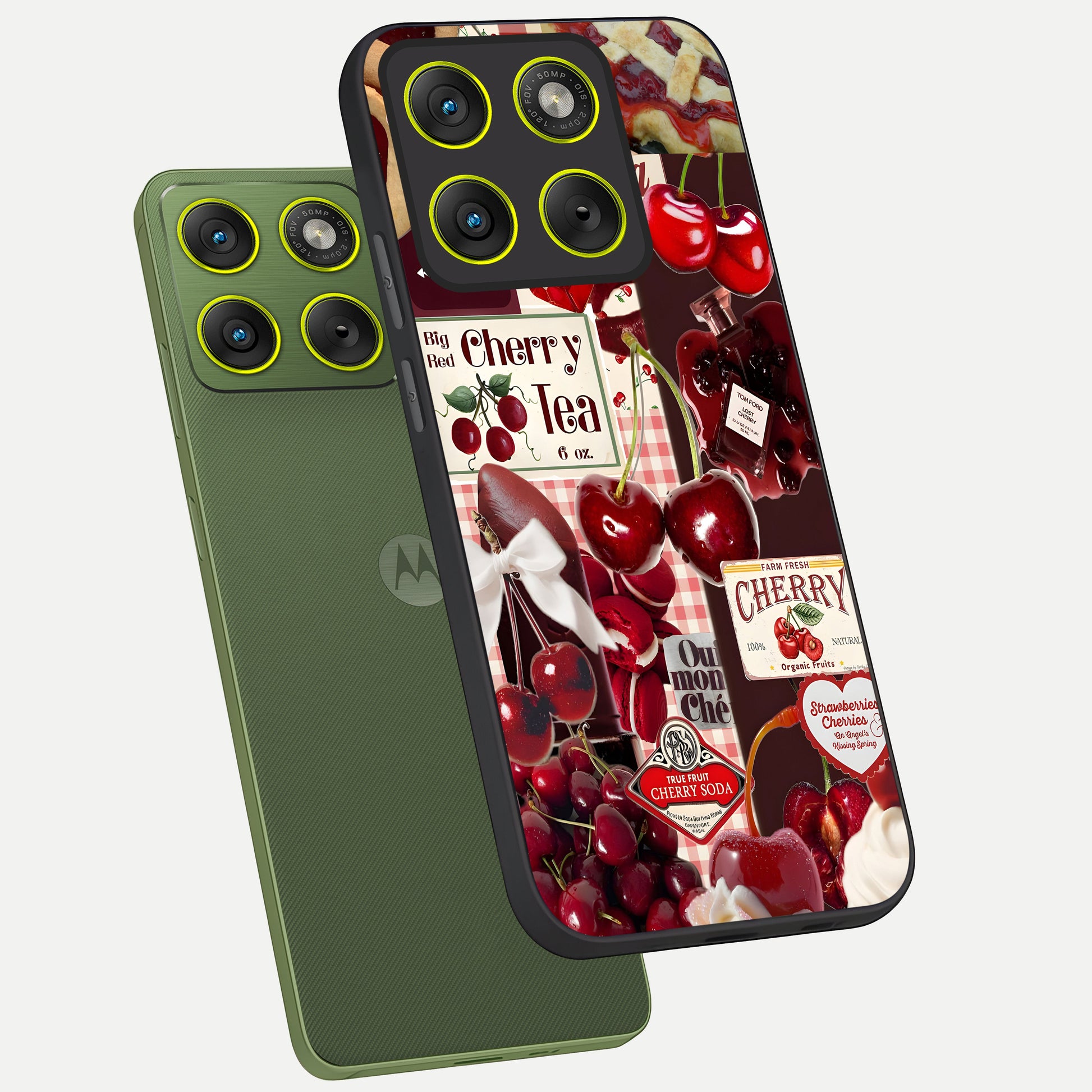  Aesthetic Cherry Tea phone case For Moto Edge 70 showing premium glass back cover with detailed artwork