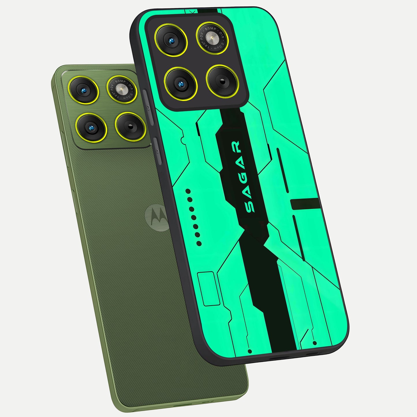  Aqua Tech CYBERPUNK Custom Name phone case For Moto Edge 70 showing premium glass back cover with detailed artwork