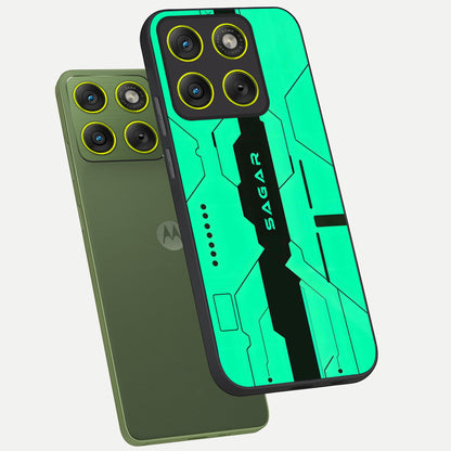  Aqua Tech CYBERPUNK Custom Name phone case For Moto Edge 70 showing premium glass back cover with detailed artwork