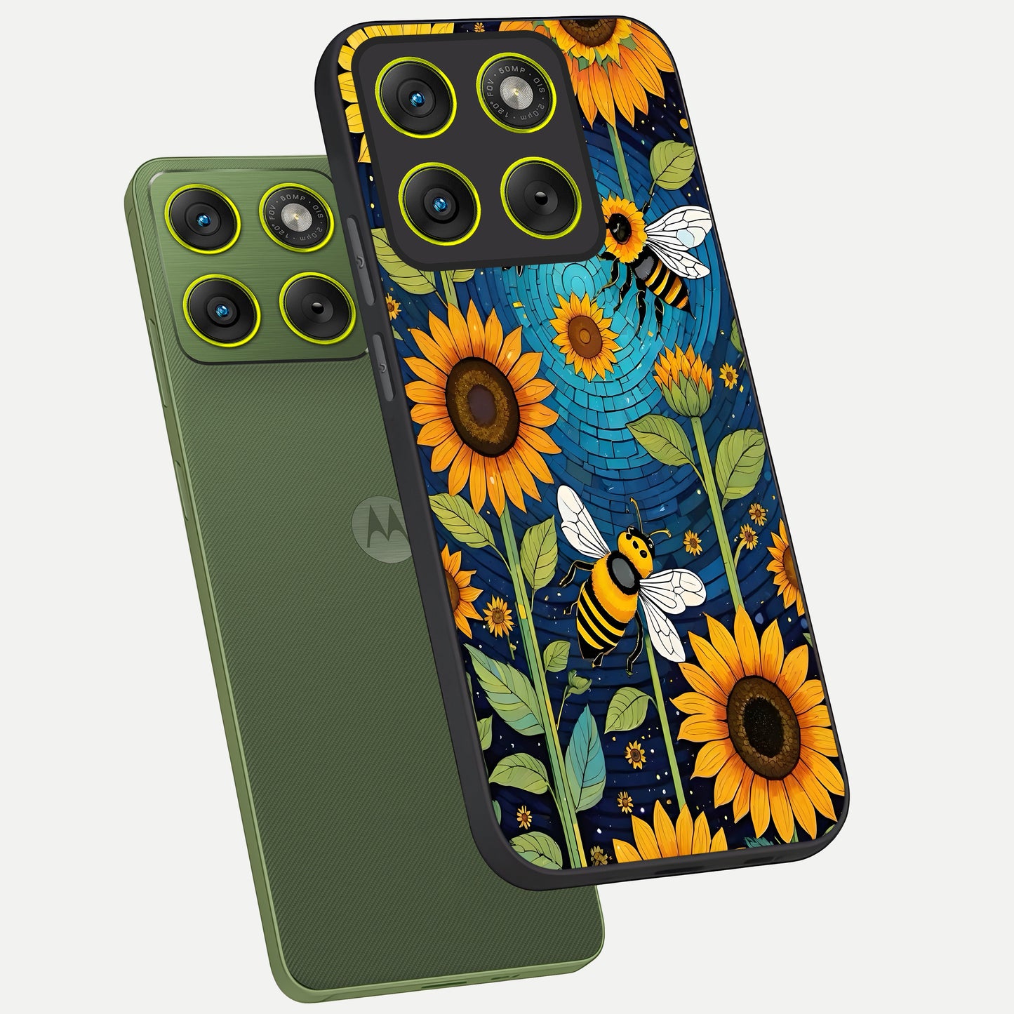  Bees And Sunflowers phone case For Moto Edge 70 showing premium glass back cover with detailed artwork
