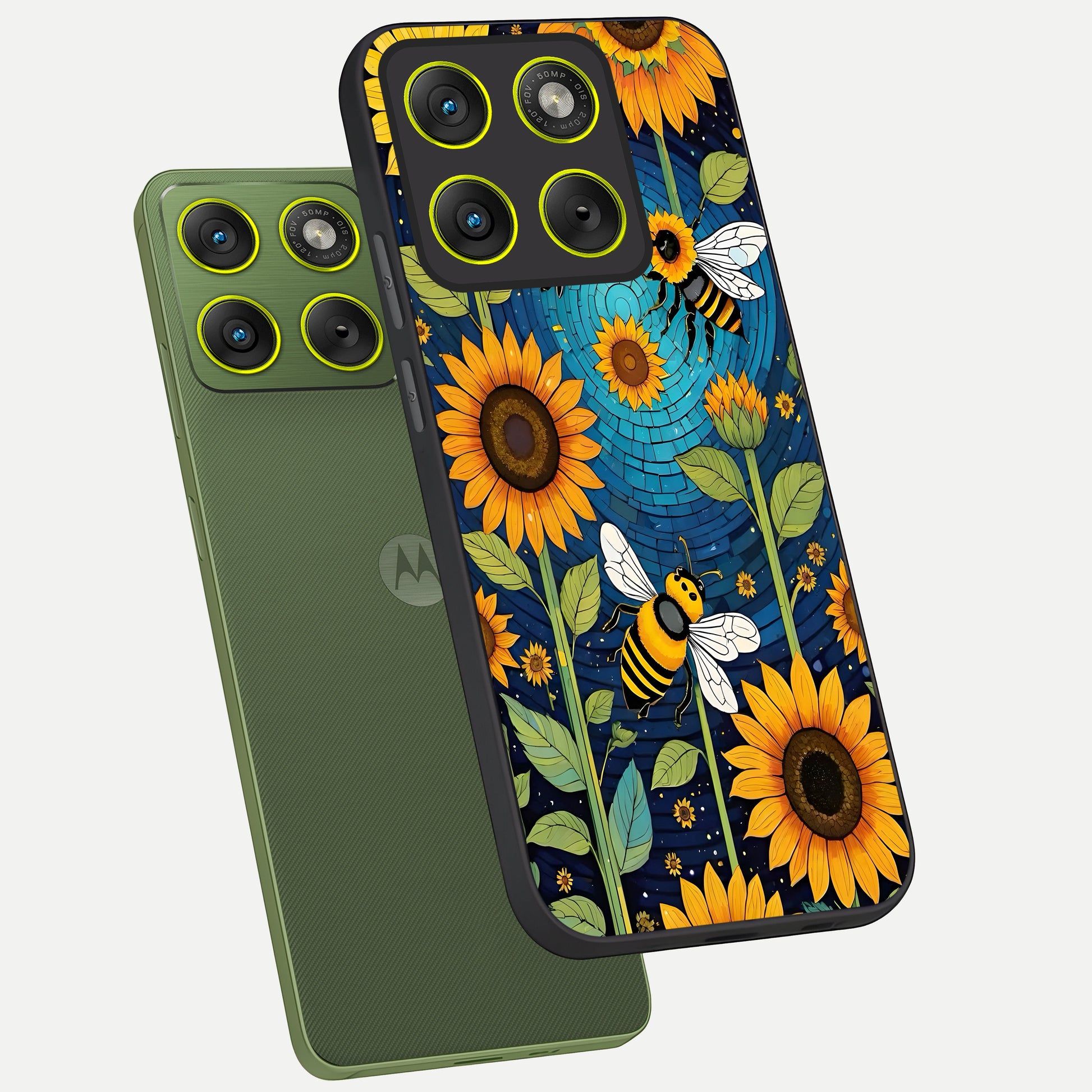 Bees And Sunflowers phone case For Moto Edge 70 showing premium glass back cover with detailed artwork