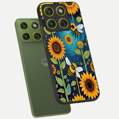  Bees And Sunflowers phone case For Moto Edge 70 showing premium glass back cover with detailed artwork