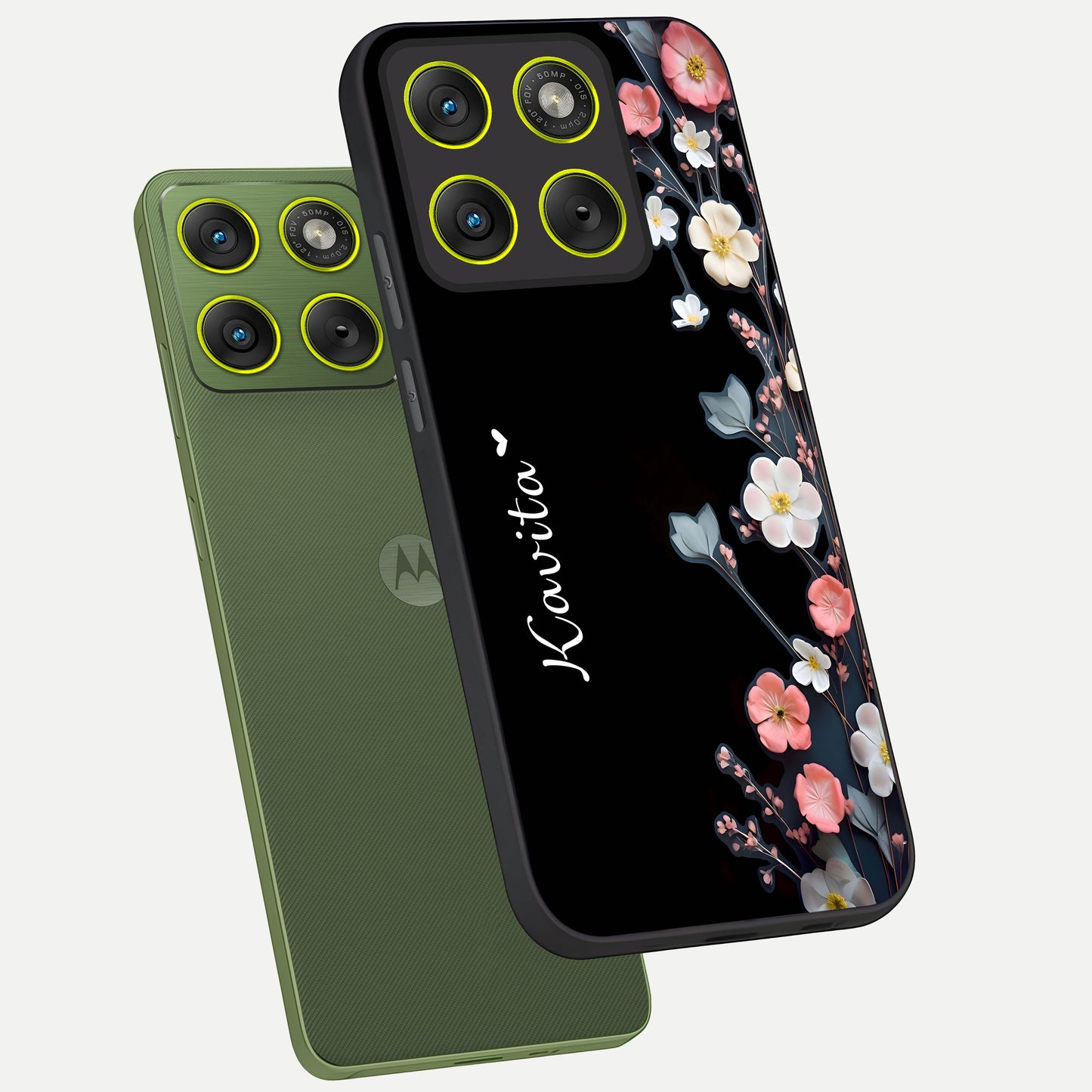  Black Elegance Floral Custom Name phone case For Moto Edge 70 showing premium glass back cover with detailed artwork