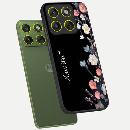  Black Elegance Floral Custom Name phone case For Moto Edge 70 showing premium glass back cover with detailed artwork