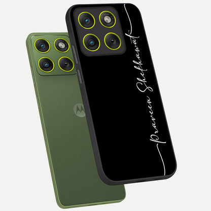  Black Tune Custom Name phone case For Moto Edge 70 showing premium glass back cover with detailed artwork